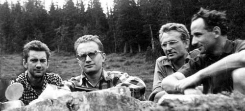 Pod Eigerem 1961 rok. Od lewej: Czesław Momatiuk, Jan Długosz, Stanisław Biel i Jan Mostowski. Fot. Czesław Momatiuk